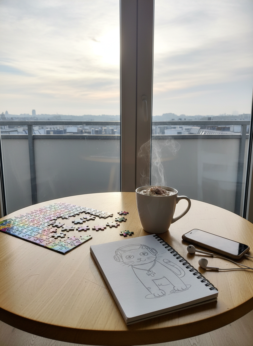 A small round kitchen table made of light, slightly scratched wood, set near a balcony door overlooking distant city rooftops and a pale, expansive sky. On the table sit a half-finished jigsaw puzzle, a steaming mug of cocoa, a sketchbook open to an unfinished doodle, and a phone with earbuds loosely coiled beside it. Morning light pours in from the glass door, bright but gentle, creating soft reflections on the mug and tiny highlights on the puzzle pieces. Photographic realism, shot from above at a three-quarter angle, with a relaxed, candid composition. The scene feels approachable and playful, capturing the everyday life of someone open to new hobbies and connections.