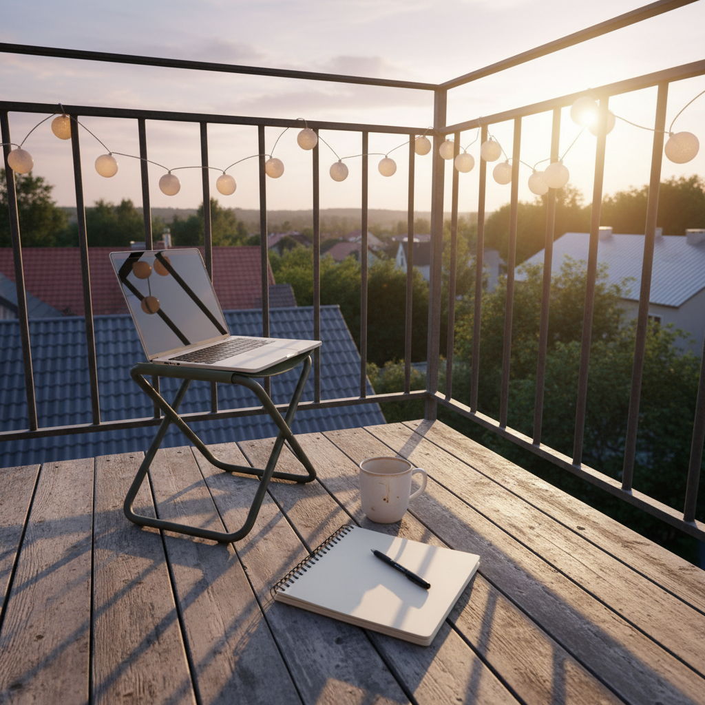 A small balcony with slightly weathered wooden planks overlooking a quiet neighborhood of rooftops and treetops under a soft pastel sky. On the balcony floor sits a simple camping-style stool with a lightweight laptop open on it, beside a notebook with a pen tucked into its spiral and a mug with a faint coffee ring on the rim. A string of inexpensive fairy lights hangs along the railing, a few bulbs slightly dimmer than others. Golden hour sunlight bathes the scene, creating warm tones, elongated shadows, and gentle lens flare. Photographic realism, shot from a low corner angle emphasizing depth. The mood is relaxed, playful, and hopeful, capturing a personal space where an ordinary person reaches out to the wider world.