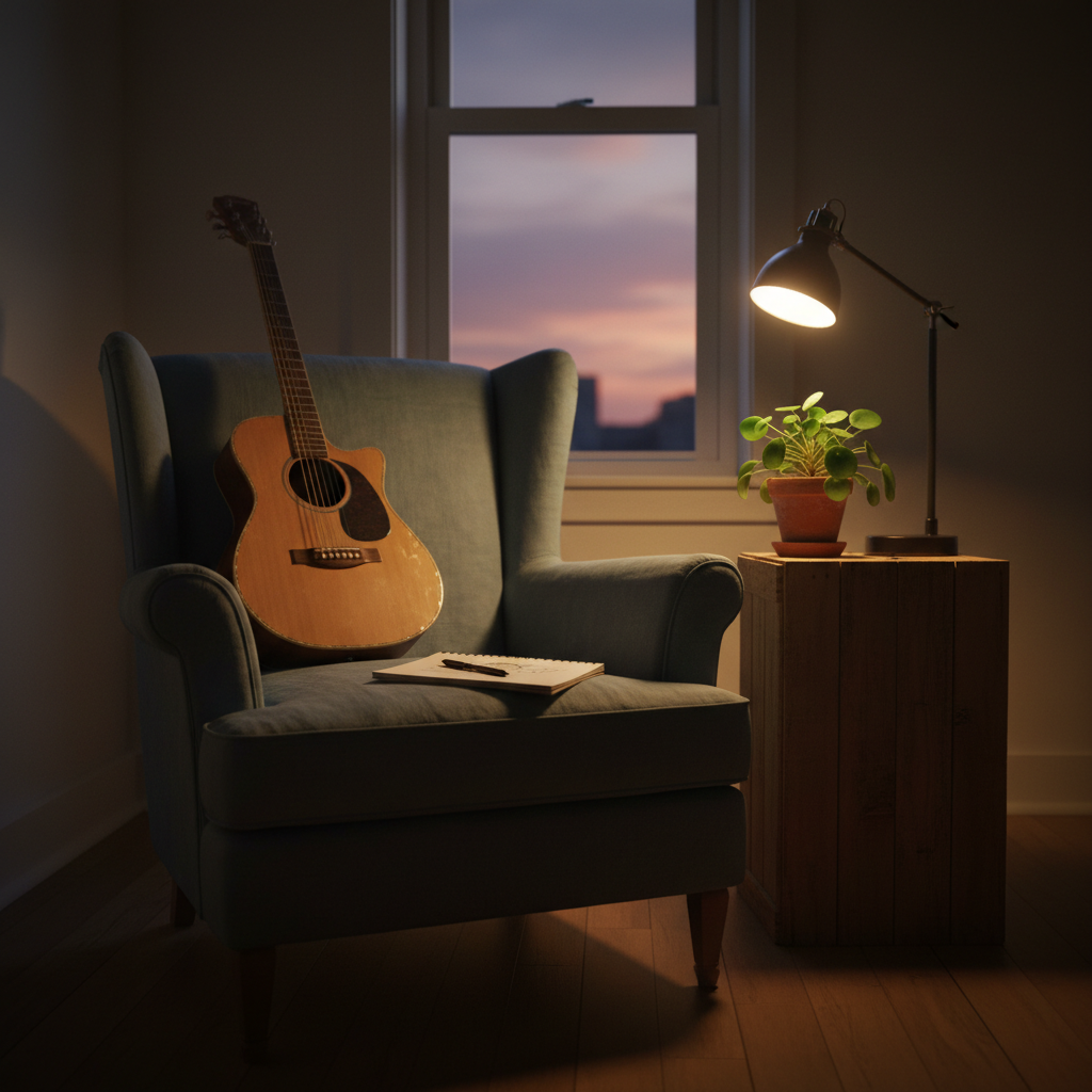 A worn but comfortable armchair upholstered in muted blue fabric, positioned beside a narrow window in a small apartment living room. A lightweight guitar leans against the chair, its wood slightly dulled from use, while a sketchpad and a pen rest on the seat cushion. On a nearby crate-style end table sit a small plant in a chipped clay pot and a simple lamp with a warm bulb. Evening light mixes with the lamp’s glow, creating a soft, inviting pool of warmth surrounded by deeper shadows. Photographic realism, shot at eye level with a gentle vignette and moderate depth of field. The mood is cozy, creative, and open-hearted, reflecting a playful personal space for reflection and new ideas.