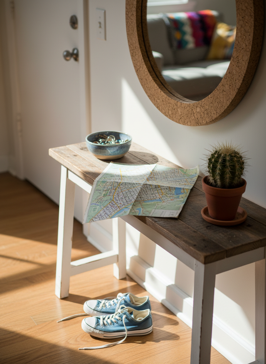 A slightly cluttered hallway table near an apartment door, topped with a small ceramic bowl of keys, a folded city map with visible but unreadable markings, a pair of well-used sneakers on the floor below, and a tiny potted cactus. A cork-framed mirror above the table reflects a hint of the room behind without showing any people. Late-morning natural light drifts in from an unseen window, creating soft, angled shadows and subtle highlights on the sneakers’ worn fabric. Photographic realism, captured from a low, side angle so the shoes and table form a diagonal line through the frame. The atmosphere is playful, informal, and full of anticipation, symbolizing being ready to step out, explore, and meet new friends.