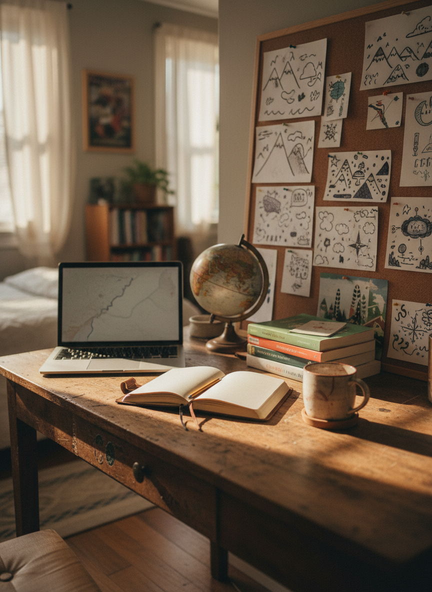 A well-worn wooden desk in a cozy bedroom corner, scattered with an open notebook, a slightly scuffed laptop, and a ceramic mug with a faint tea ring on the coaster. A small globe and a stack of travel guides lean against a corkboard pinned with colorful, handwritten-looking notes and simple doodles, all without legible text. Late-afternoon sunlight filters through thin curtains, casting soft, uneven beams and gentle shadows across the textured wood. Photographic realism with a warm, slightly imperfect feel, shot at eye level with a shallow depth of field so the foreground is crisp and the background gently blurred, creating an approachable, curious, and quietly adventurous atmosphere for a personal site homepage hero image.